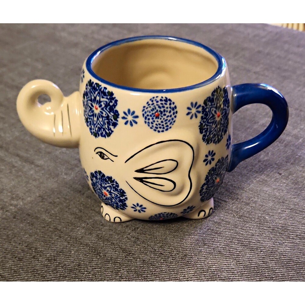 Elephant Figural Ceramic Coffee Mug 18 fl oz Blue White Floral Dishwasher Safe